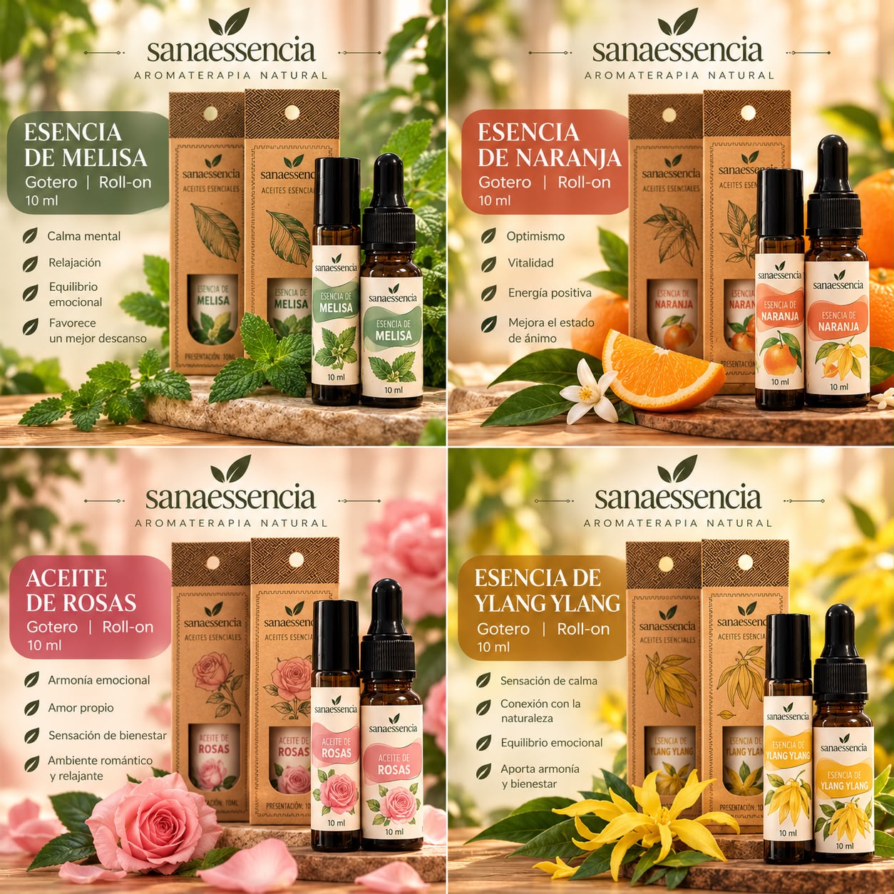 Esencias de melisa, naranja, rosas y ylang ylang en gotero y roll-on de 10 ml