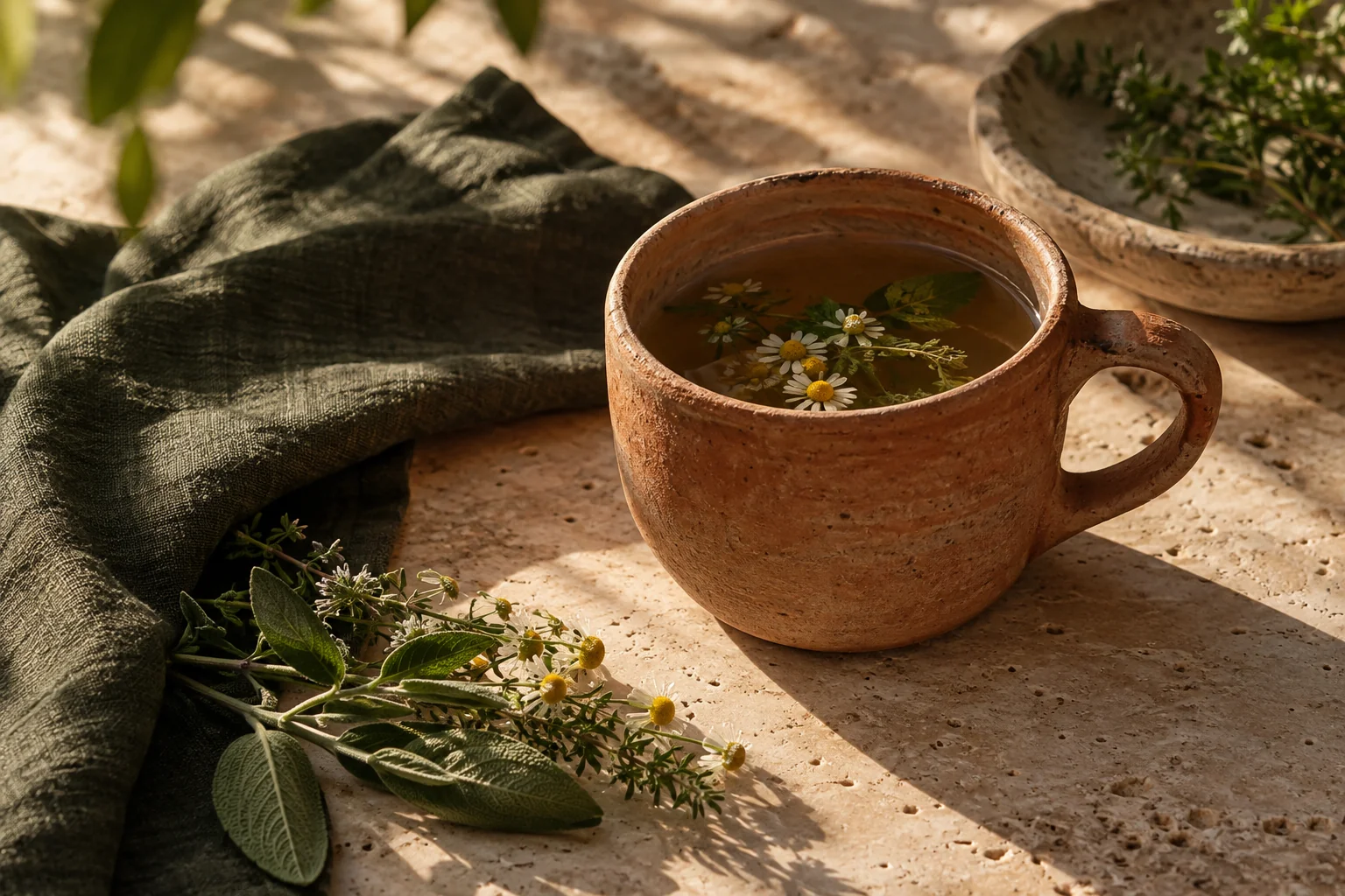 Una infusión, lino y plantas bajo la luz de la mañana