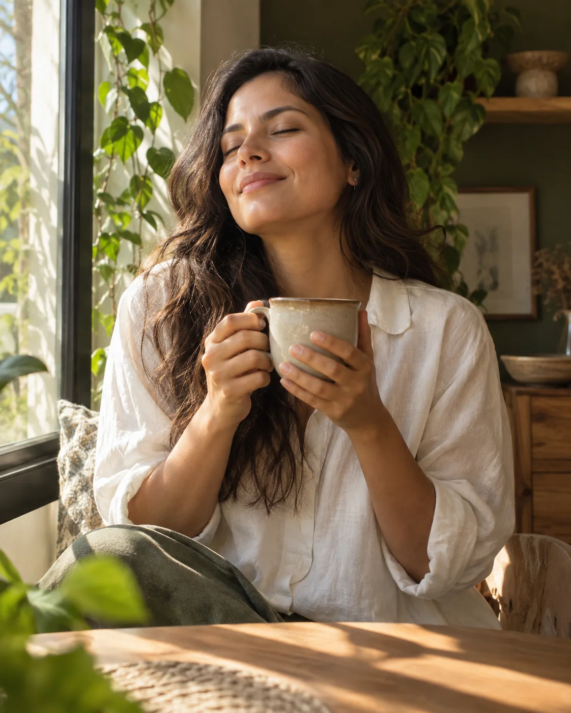 Una mujer disfruta de una pausa con una taza junto a la ventana